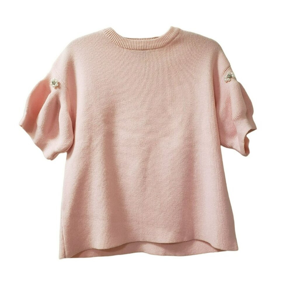 Pastel Pink Puff Sleeve Sweater, XS, Pearls Rhinestones, Coquette Barbie Girly